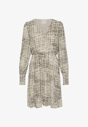 Rochie cu mâneci scurte, de culoare bej deschis, cu un model abstract gri estompat. Prezintă un decolteu în formă de V și o talie ajustabilă cu șnur.