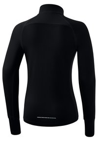 Black long-sleeve athletic shirt with a high collar and flat seams. Features reflective detailing at the back waist for visibility. Stretch fabric.