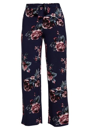 Navy blue wide-leg pants with pink and green floral print and a fabric belt tied at the waist.