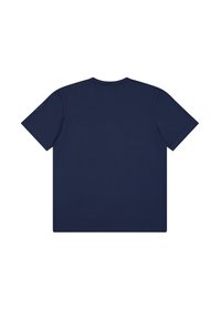 Dunkelblauses Baumwoll-T-Shirt, kurze Ärmel, Rundhalsausschnitt, einfarbig ohne Muster, glatte Textur und entspannter Schnitt. Rückansicht gezeigt.