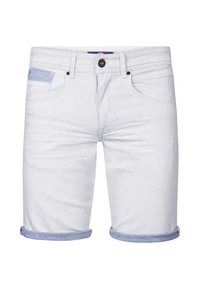 Witte denim shorts met een opgerolde zoom, voorzien van een lichtblauwe stofaccent op de zak en een metalen knoopsluiting.