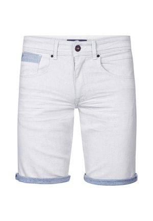 Witte denim shorts met een opgerolde zoom, voorzien van een lichtblauwe stofaccent op de zak en een metalen knoopsluiting.