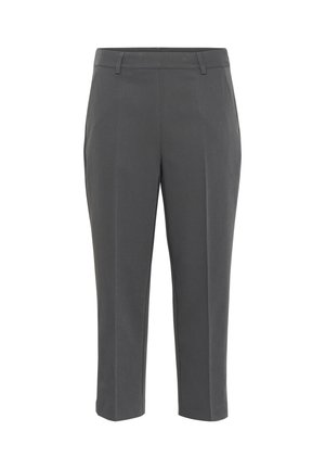 Gray tailored trousers, mid-rise with a straight cut, featuring belt loops and two front pockets; smooth, lightweight fabric, and a crisp finish.
