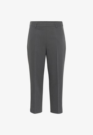 Pantalons ajustés gris, taille mi-haute avec une coupe droite, dotés de passants de ceinture et de deux poches avant ; tissu lisse et léger, avec une finition soignée.