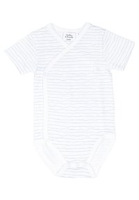 Weißer Babybody mit kurzen Ärmeln und hellblauen horizontalen Streifen, Wickeldesign und Druckknöpfen an der Seite und am Boden.