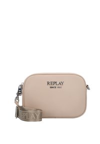 Borsa crossbody sintetica rosa chiaro con bordi arrotondati, logo argentato "REPLAY SINCE 1981" e tracolla beige con motivo.