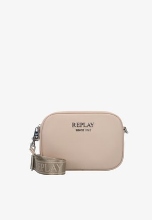 Gaiši rozā sintētiskā crossbody soma ar noapaļotām malām, sudraba logo "REPLAY SINCE 1981" un bežā ar rakstu jostu.