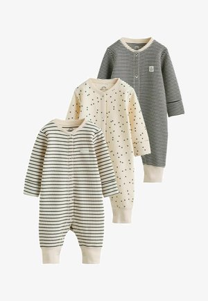 Drei langärmlige Baby-Strampler mit Druckknöpfen; zwei gestreift in Schwarz und Creme, einer cremefarben mit schwarzem Sternenmuster, Bündchen an Beinen und Kragen.