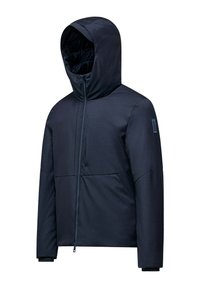Giacca invernale con cappuccio di colore blu navy, isolata, con cerniera anteriore e maniche lunghe, progettata per il freddo.