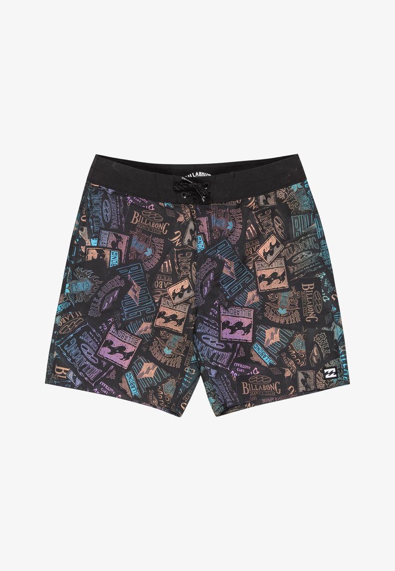 Pantaloni da bagno neri con loghi e grafiche multicolori di Billabong. Presentano un girovita con cordino e un tessuto morbido e testurizzato.