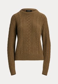 Καφέ πουλόβερ με πλέξη καλωδίου και στρογγυλή λαιμόκοψη, με ριμπ μανσέτες. Το υφασμάτινο σχέδιο περιλαμβάνει κάθετους καλωδιακούς σχεδιασμούς καθ' όλη τη διάρκεια.
