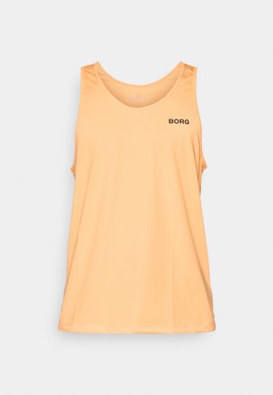 Peach tank top made of lightweight fabric, featuring a round neckline and a small black logo “BORG” on the left chest.