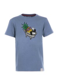 Sininen puuvillapaita, jossa on graafinen kuva ananaksesta kylpyammeessa, aurinkolaseja käyttämässä, vihreä piikikäs kruunu päässään ja mustat käpälät.