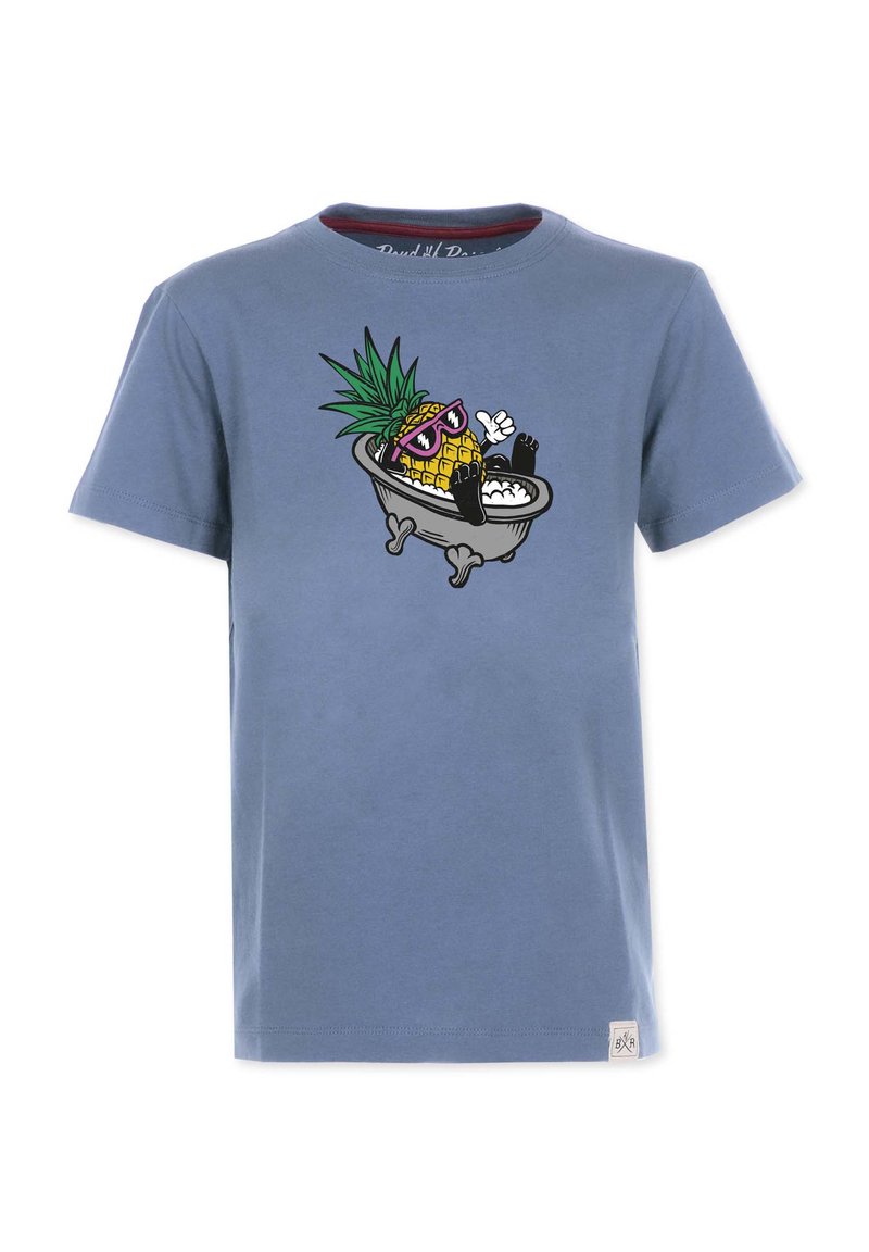 Sininen puuvillapaita, jossa on graafinen kuva ananaksesta kylpyammeessa, aurinkolaseja käyttämässä, vihreä piikikäs kruunu päässään ja mustat käpälät.