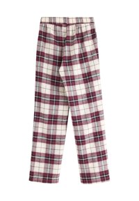 Pajama spodnie flanelowe w kratę w kolorach czerwono-bordowym, zielonym i kremowym. Posiadają elastyczny pas i prosty krój nogawek.