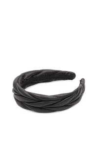 Schwarzes geflochtenes Leder-Haarband mit glatter Textur und flexiblem Design, das ein gewebtes Muster an der Vorderseite und eine eng anliegende Rückseite aufweist.