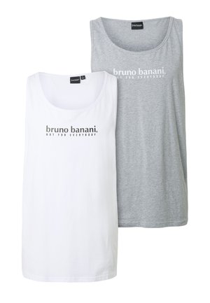 To ærmeløse tanktops, en hvid og en grå, hver med "bruno banani NOT FOR EVERYBODY" trykt på forsiden.
