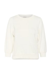 Pull en tricot blanc avec un col rond, des manches bouffantes longues, des bords côtelés et un tissu texturé. Design simple et décontracté sans motifs.