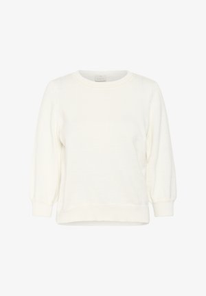 Pull en tricot blanc avec un col rond, des manches bouffantes longues, des bords côtelés et un tissu texturé. Design simple et décontracté sans motifs.
