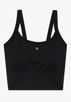 Czarny stanik sportowy z regulowanymi ramiączkami, szerokim pasem pod biustem, gładkim materiałem oraz małym logo wydrukowanym na szarym tle z przodu.