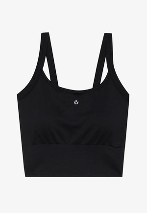Czarny stanik sportowy z regulowanymi ramiączkami, szerokim pasem pod biustem, gładkim materiałem oraz małym logo wydrukowanym na szarym tle z przodu.