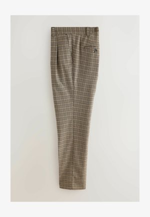 Brown and black plaid trousers with pleats, side pockets, and a back pocket featuring a button closure. Fabric has a smooth texture.