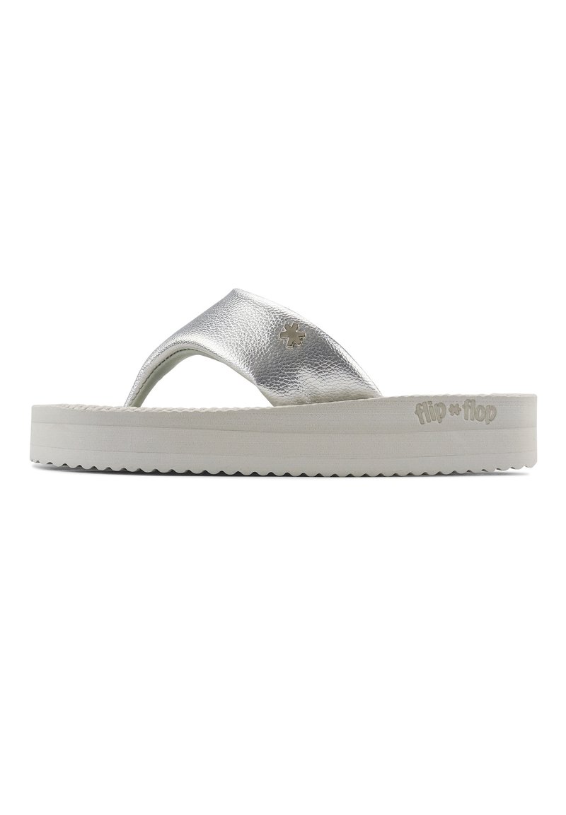Silver flip-flop with a textured strap, platform sole, and a logo detail. Sole features ridged edges for traction.