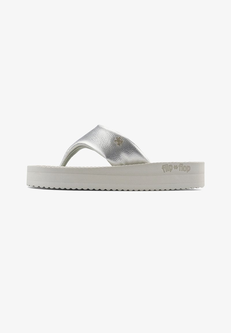 Silver flip-flop with a textured strap, platform sole, and a logo detail. Sole features ridged edges for traction.