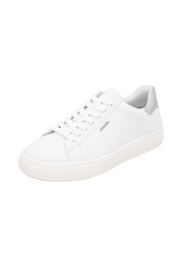 White leather sneaker with a smooth texture, rounded toe, flat rubber sole, and light grey accent at the heel. Features white laces.