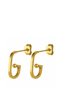 Ohrringe aus goldenem Metall mit einer geschwungenen, offenen Form und sphärischen Akzenten. Enthält eine blumenförmige Rückseite für sicheren Halt.