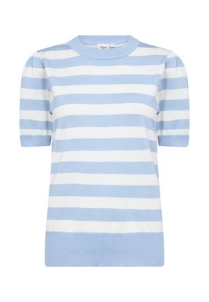 Pull à manches courtes rayé en bleu clair et blanc, avec un col rond côtelé et des manches froncées, fabriqué en matière tricotée douce.