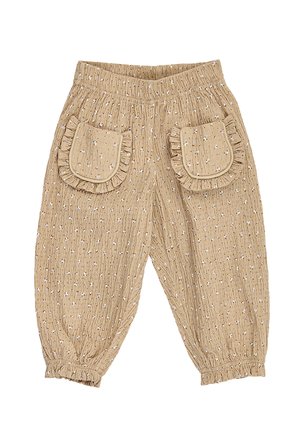 Beige peuterbroek met kleine bloemenprint, elastische tailleband en boorden, met twee voorzakken met ruches.