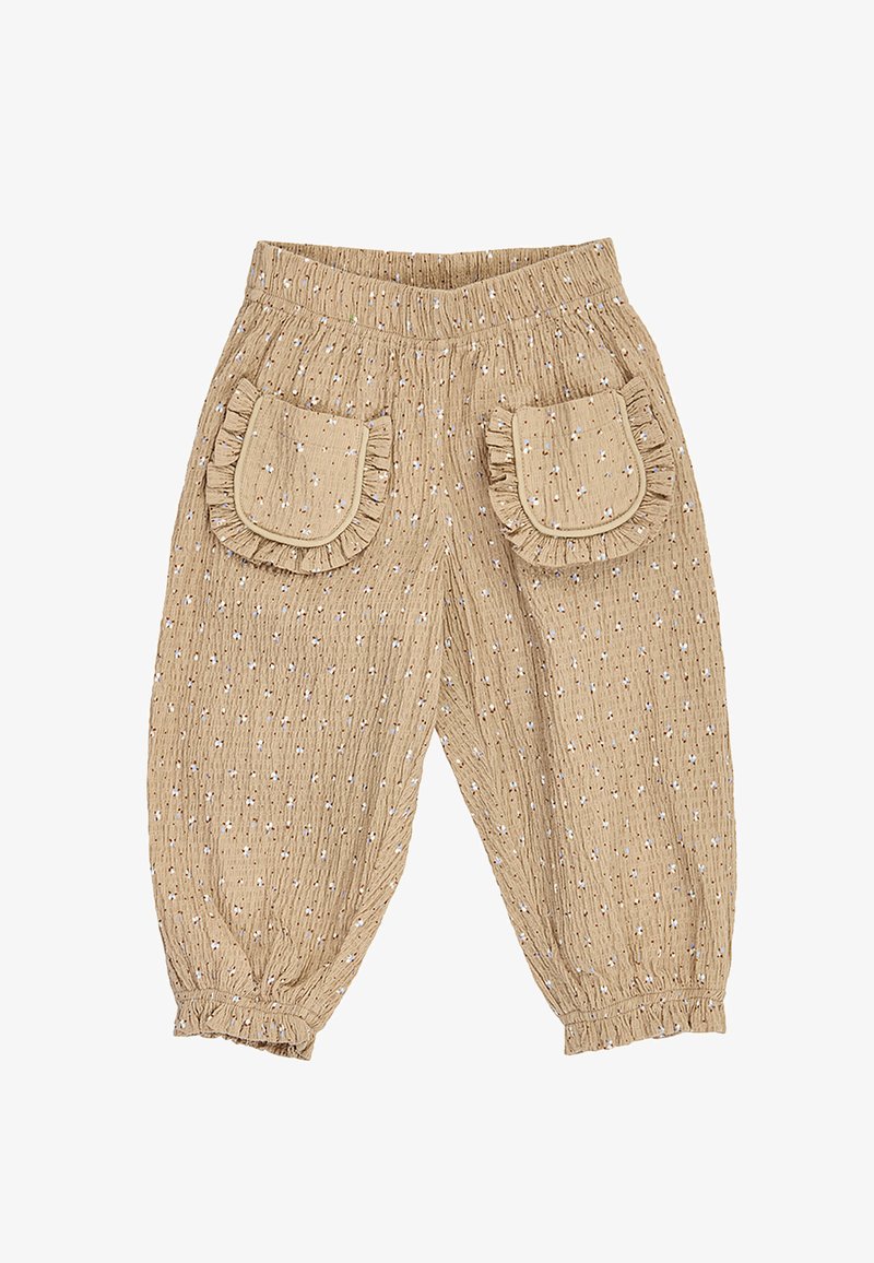 Pantalon beige pour tout-petit avec petit imprimé floral, taille et poignets élastiques, doté de deux poches avant avec bordure à volants.