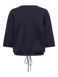 Temno mornarsko moder pleten pulover z širokimi kratkimi rokavi in nastavljivim spodnjim robom z zadrgo na zadnji strani.