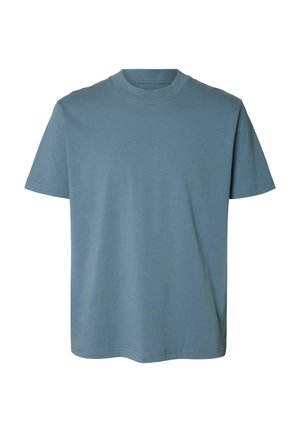 Blå T-shirt med korta ärmar, tillverkad av mjuk bomull, med rund halsringning och avslappnad passform, utan mönster eller extra detaljer.