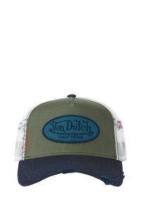 Casquette trucker verte et marine avec des côtés en mesh, présentant un patch ovale bleu avec "Von Dutch California" en lettres stylisées et des accents de broderie rouge.