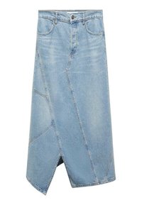 Light blue denim skirt featuring a wrap design, visible stitching, two front pockets, and a slightly flared shape with a high slit.