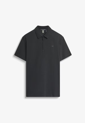 Polo shirt nera con una cerniera corta, tessuto testurizzato e un piccolo logo impresso sul lato sinistro. Design del colletto classico.