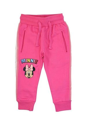 Pantaloni della tuta per bambini di colore rosa acceso con coulisse in vita, tasche laterali e volto e nome di Minnie Mouse sulla gamba sinistra.