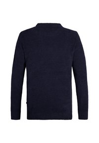 Pulover tricotat de culoare albastru marin, cu guler rotund, mâneci lungi, tiv ondulat și detalii cu patch-uri pe umeri. Textură moale, cu un model solid.
