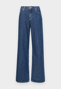 Široké modré džíny s vysokým pasem, zapínáním na knoflík a klasickým pětikapsovým designem. Hladká textura, bez vzorů nebo ozdob.