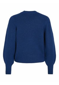 Pull en maille bleu foncé à manches longues et poignets côtelés, vu de dos sur fond blanc.