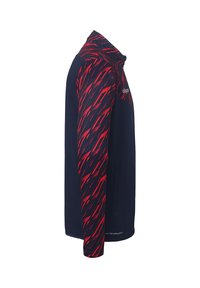 Mørkeblå langærmet skjorte med røde vinkelformede mønstre på ærmerne, med høj krave og glat, åndbart stof for komfort.