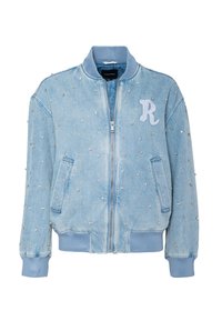 Světle modrá denim bomber bunda s třpytivými kamínky, žebrovanými manžetami a límcem, s předním zipem a výšivkou písmen.