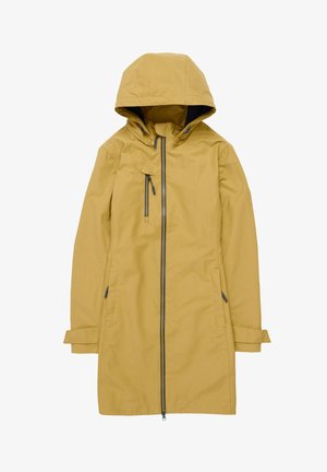 Cabrón impermeable amarillo con capucha, cierre frontal, dos bolsillos laterales y mangas ajustables. Textura suave y un diseño minimalista.