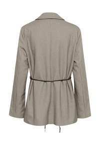 Light gray tailored jacket with long sleeves, back seam, and a thin black belt tied at the waist, shown from the back.