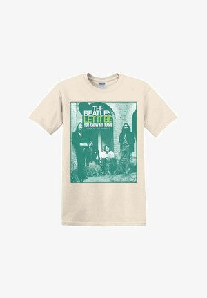 Beige cotton T-shirt featuring a printed graphic of a band, with green text reading "THE BEATLES LET IT BE YOU KNOW MY NAME."