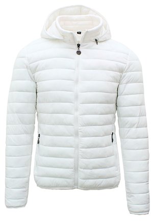 Giacca imbottita bianca trapuntata con cerniera frontale, tasche laterali con zip, maniche lunghe e cappuccio attaccato, mostrata su uno sfondo semplice.