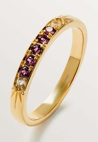 Anillo de oro con cinco piedras preciosas púrpuras y una piedra clara, con una banda lisa y configuraciones de garras detalladas.