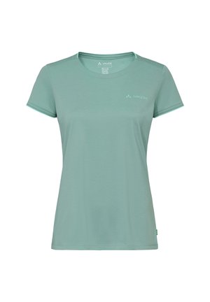 Hellpetrolfarbenes T-Shirt für Damen, kurzärmelig mit Rundhalsausschnitt, kleinem Vaude-Logo auf der linken Brust und im Innenkragen.